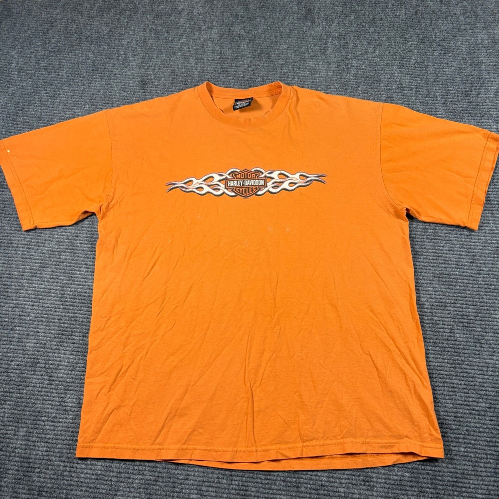 Vintage 2002 Harley Davidson Brandon Florida Flame Graphic T-Shirt Orange 2XL